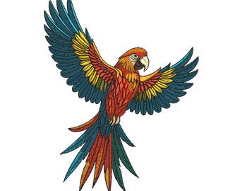 Patrón de bordado a máquina de guacamayo colorido, diseño de bordado de loro guacamayo volador, 3 tamaños, descarga instantánea