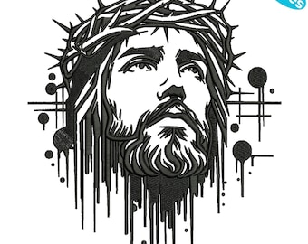 Jesus broderidesign, törnekrona, droppformad Kristusansikte, religiös kristen maskinbroderifil, 4 storlekar, omedelbar nedladdning