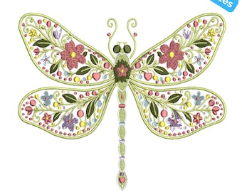 Libellen-Stickmuster mit Blumenmotiv, Garteninsekten-Stickerei, Naturstickerei, 4 Größen, Sofort-Download