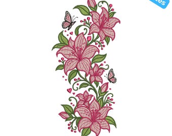 Diseño de bordado de lirio rosa, elegante patrón floral botánico, archivo de bordado a máquina de enredadera floral, 4 tamaños, descarga instantánea.