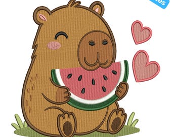 Diseño de bordado de capibara, lindo diseño de bordado de capibara y sandía, lindo bordado de capibara, 4 tamaños, descarga instantánea