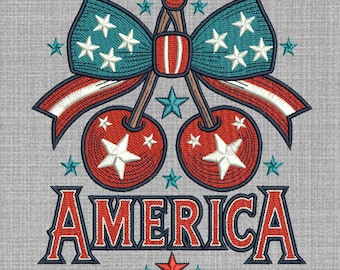 Diseño de bordado de cerezas americanas, lazo y estrellas del 4 de julio, archivo de bordado a máquina con la bandera de EE. UU., 3 tamaños, descarga instantánea