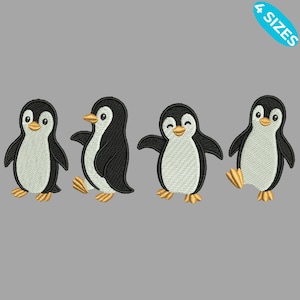 Op de afbeelding: Geborduurd pinguïnontwerp in zwart, wit en geel. Vier pinguïns worden in verschillende poses weergegeven, met een lichtgrijze achtergrond. De tekst "4 MATEN" staat in een blauwe ovaal rechtsboven.