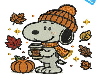 Fall snoopy pumpkin embroidery, autumn season decor embroidery, snoopy and coffee, 4 Sizes, Instant Download
