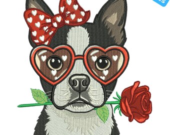 Hund hält rote Blume, Maschinenstickerei, Welpe mit Rose Stickdatei, Hund und Blumen Design, 4 Größen, Instant Download