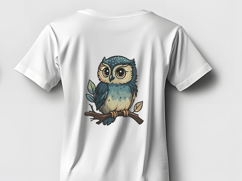 May include: White t-shirt featuring a cartoon owl illustration. The owl is perched on a brown branch with green and brown leaves. The owl has large eyes, blue and tan feathers, and is centered on the back of the shirt.