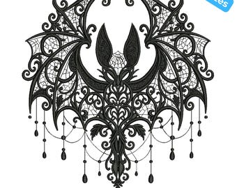 Diseño de bordado de murciélago gótico barroco, murciélago de estilo academia oscura, murciélago de bordado victoriano oscuro, 4 tamaños, descarga instantánea.