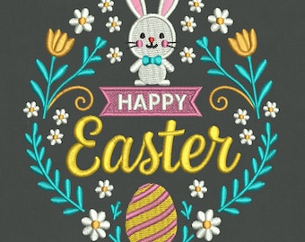 Frohe Ostern Hase Stickdatei, Stickmuster, Osterkranz mit Ei, Oster Stickdateien trendy, 3 Größen, Instant Download