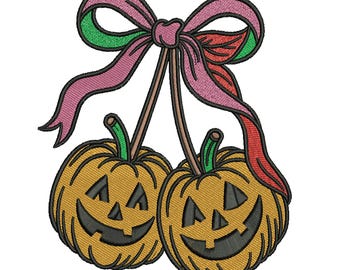 Kürbis Kirschen Herbst Girly Design, Halloween Kürbis Schleife Maschinenstickerei, Kirschen Kürbisse, 3 Größen, Instant Download