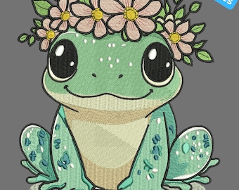 Süßer Frosch Stickdatei, Frosch Blume Stickmuster, Stickapplikation, 4 Größen, Instant Download