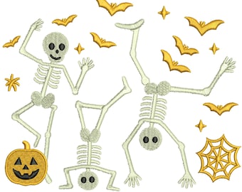 Dancing Skeletons Halloween Embroidery Design, Cute Skeletons with Bats, Pumpkin and Spider Web, 3 Sizes, Instant Download