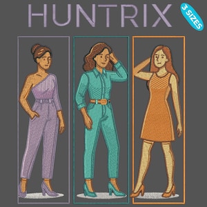 May include: Embroidered design featuring three stylized figures in different outfits. The figures are framed in rectangular boxes. The word "HUNTRIX" is embroidered above the figures. The design includes the text "3 SIZES".