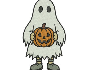 Borduurontwerp Halloween-spook, schattig spook met pompoen, machineborduurbestanden, 3 maten, direct downloaden