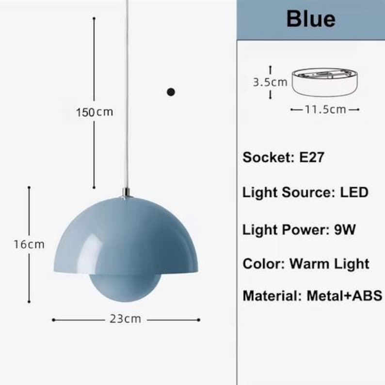 May include: A blue pendant light with a spherical design. The light fixture is 16 cm high, 23 cm wide, and hangs from a 150 cm cord. The light source is LED with a 9W power output. The color is warm light. The material is metal and ABS.