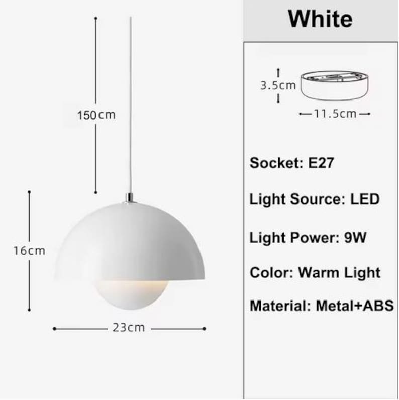 May include: White pendant light with a dome-shaped shade, 23cm in diameter and 16cm high. The light hangs from a 150cm cord. Features LED light source, 9W light power, and warm light color. Made of metal and ABS.