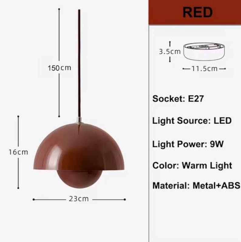 May include: A red, dome-shaped pendant light with a spherical bottom. The light is 16 cm high, 23 cm wide, and hangs from a 150 cm cord. The light source is LED, with a 9W power output and a warm light color. The socket is E27.