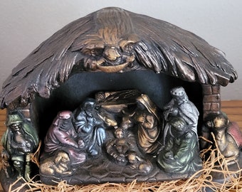 Vintage Ceramic Nativity Set in Creche, Pastel Christmas Decor