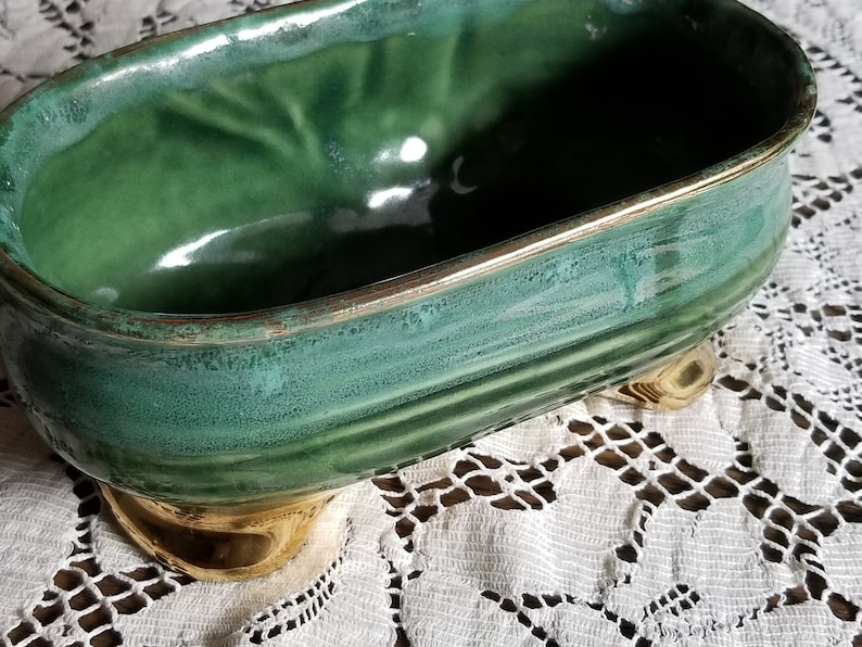 Vintage Green Planter Trimmed with 22K Gold Mid-Century Planter Gilded with Gold
