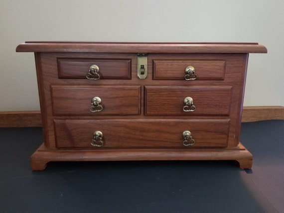 Vintage Solid Wood Heavy Oak Jewelry Box 3 Drawer Top Etsy