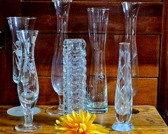 Choice Clear Glass Bud Vases / 7 - 10 Inches Tall / Mismatched / Mix or Match / Cut Crystal Waterford, Blown Glass Stemmed Bud Vases