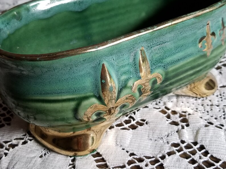 Vintage Green Planter Trimmed with 22K Gold Mid-Century Planter Gilded with Gold