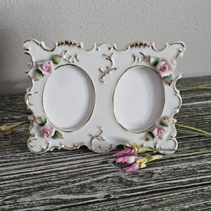 Vintage Hand Painted Porcelain Picture Frame: Gold Floral Accent, 2x2.5 Inch Photos