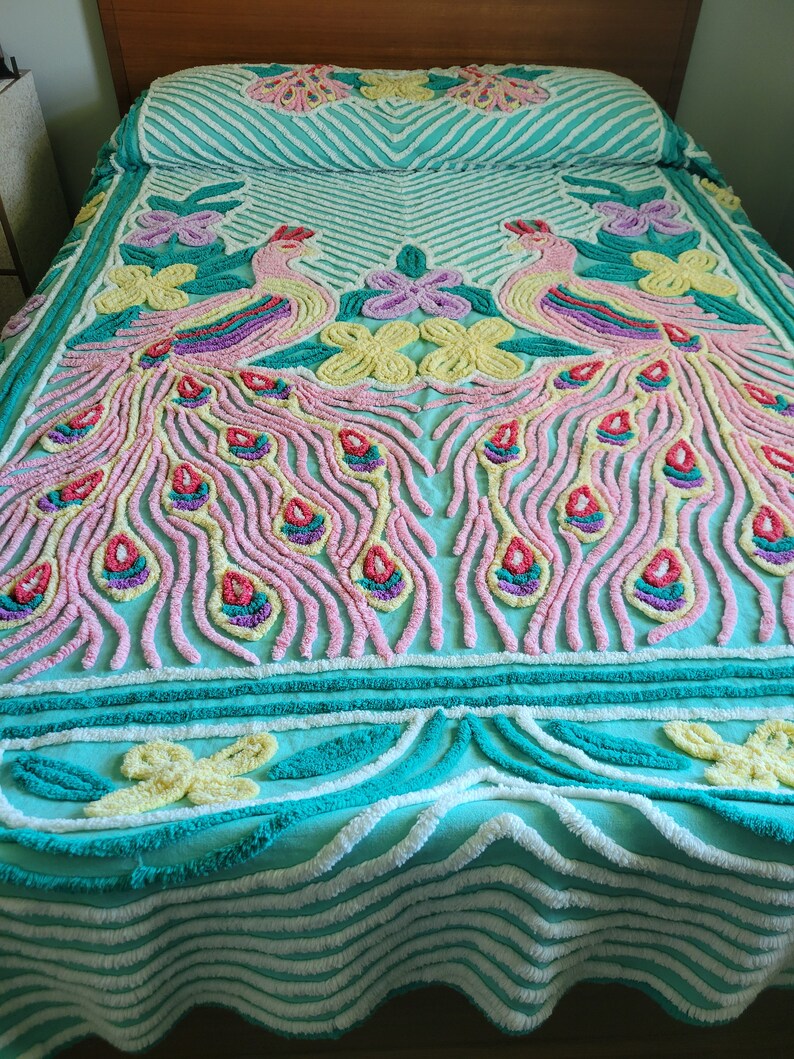 Midcentury Double Peacock Chenille Plush Bedspread / Full Size Etsy