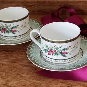 Set of 2 Flat Cups & Saucers Vintage 1999 Fitz and Floyd Classic Choices Winter Holiday / Christmas China Cups and Saucers