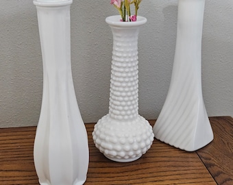 Choice Milk Glass 7 - 9 Inch Bud Vases / Mismatched / Mix or Match / OE Brody and Randall / Hobnail, Ribbed & Twisted