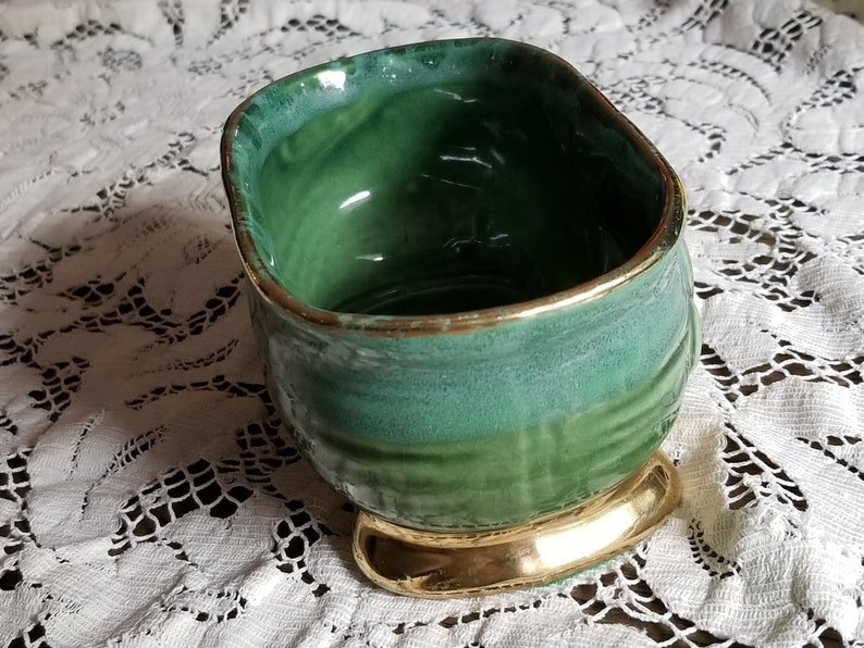 Vintage Green Planter Trimmed with 22K Gold Mid-Century Planter Gilded with Gold