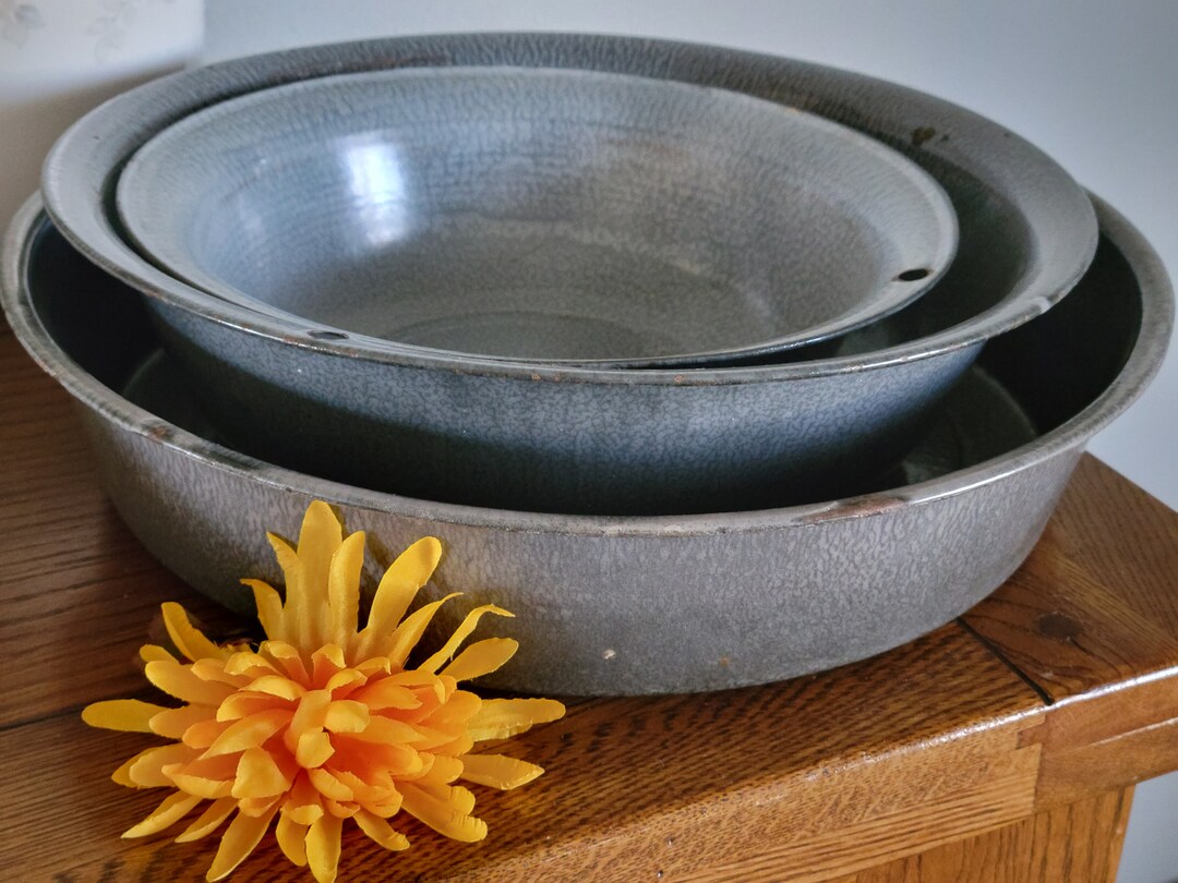 Set of 3 Graniteware Gray Enamelware Basins Old Wash Tub Etsy