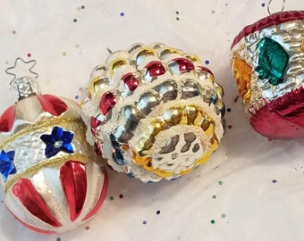 3 Brightly Colored Hand Painted Glass Christmas Ornaments / Midcentury West Germany & Czechoslovakia