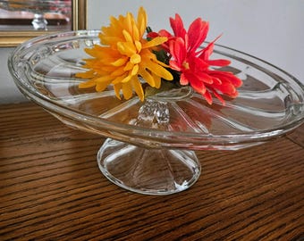 Clear Round Glass Pedestal Cake Stand - Contemporary MCM Art Deco