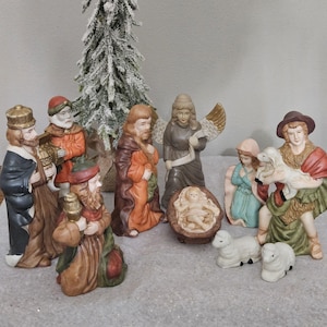 Vintage Nativity 10 Piece Porcelain Figurines / Religious Christmas Decor / Holy Family, Angel, 3 Wise Men & Shepherd with 2 Sheep