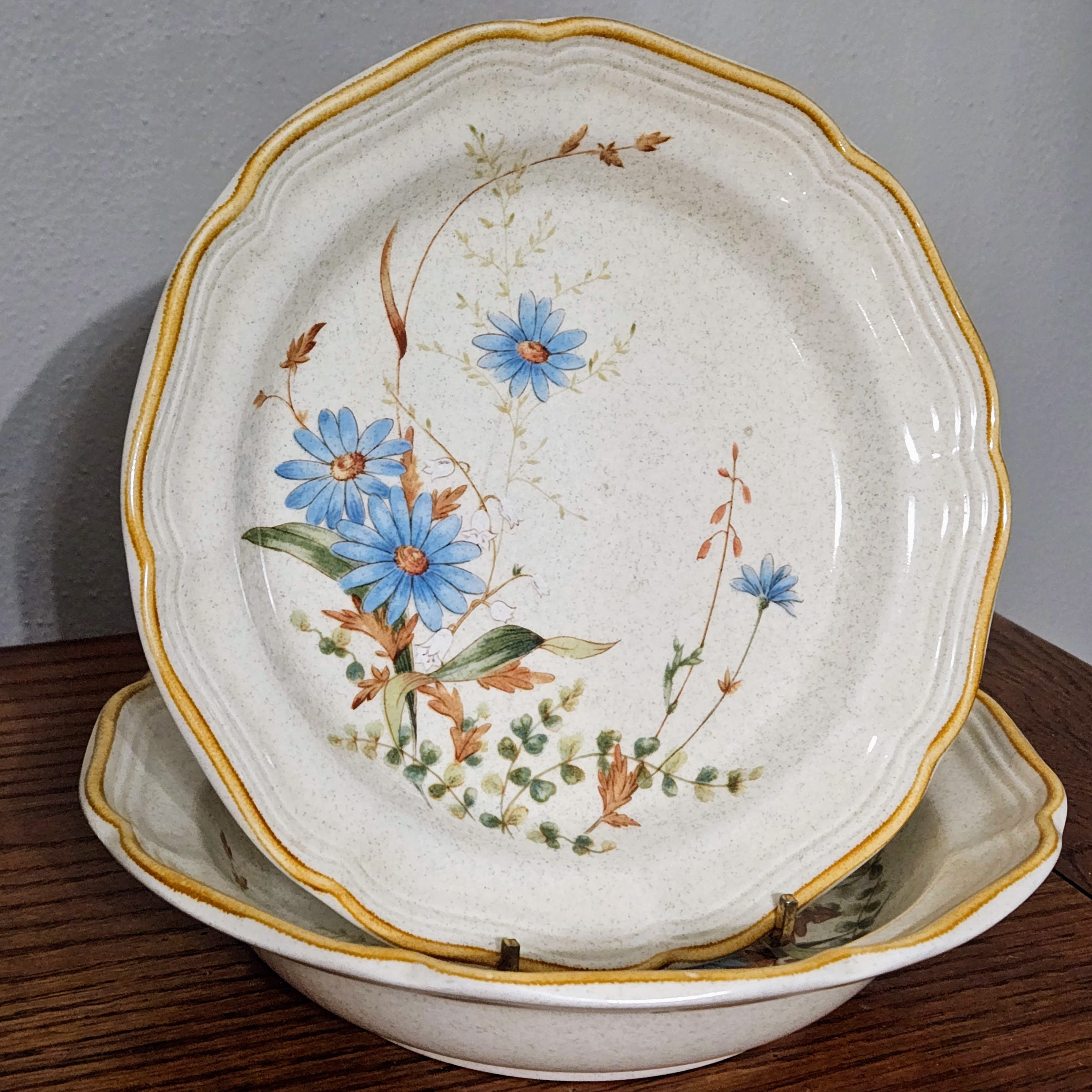 Vintage Mikasa Stoneware Soup and Salad Set: Blue Daisies, Japan