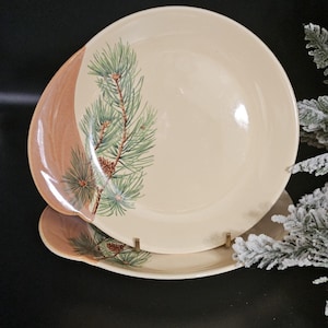 May include: Cream-colored ceramic plates with a pine branch design. The plates have a light brown rim and a green and brown pine branch illustration. The plates are stacked on top of each other, with a black background.