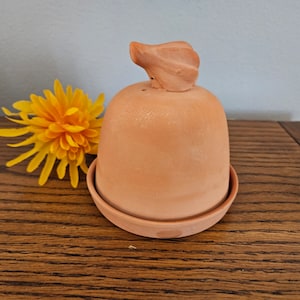 May include: A terracotta-colored butter dish with a lid and a small, decorative handle. The dish sits on a matching saucer. A bright yellow flower is next to the dish on a wooden surface.
