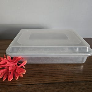 May include: A clear, rectangular plastic container with a matching lid. The container is sitting on a wooden surface. A red flower is in the lower left corner.