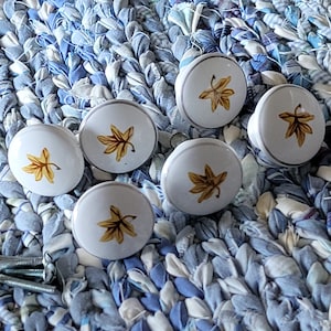 May include: Set of six white ceramic cabinet knobs with a gold leaf design. Each knob has a silver rim and includes mounting hardware. The knobs are arranged on a blue and white woven rug.
