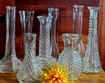 Choice Clear Glass Bud Vases / 6-9 Inches Tall / Mismatched / Mix or Match / OE Brody, Libbey, Anchor Hocking, Hoosier, Stars & Bars, Europa