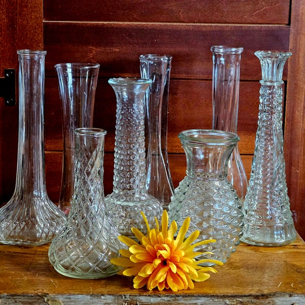 Choice Clear Glass Bud Vases / 6-9 Inches Tall / Mismatched / Mix or Match / OE Brody, Libbey, Anchor Hocking, Hoosier, Stars & Bars, Europa