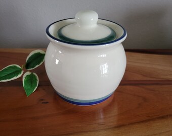 Pfaltzgraff Northwinds Sugar Bowl with Lid / Stoneware with Blue & Green Bands / Vintage 1990's Discontinued Pattern