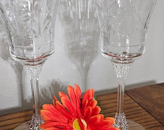 Vintage Etched Crystal Wine Goblets: Set of 2 Floral Stemware