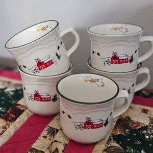 Vintage Pfaltzgraff Snow Village Mugs, Set of 5 - 1990s Christmas Country Decor