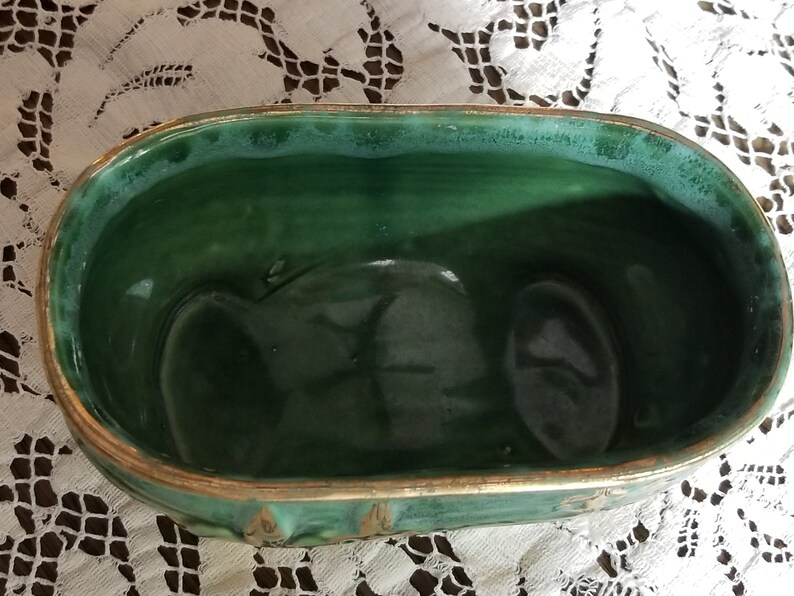Vintage Green Planter Trimmed with 22K Gold Mid-Century Planter Gilded with Gold