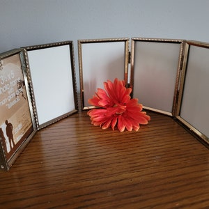 BUYER&#39;S CHOICE Bifold or Trifold Set of 3 1/2 x 5 Brass Photo Frames with Non-Glare Glass / Retro Table Top Frames by Intercraft / HTF size