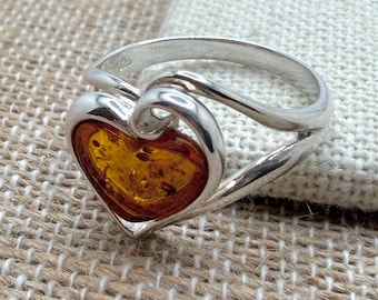 Bague Argent Massif Avec Pierre Ambre - Taille 60 - Bijou Ancien Occasion