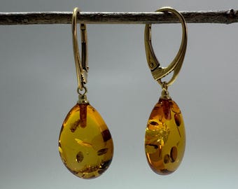 Honey Cognac Baltic Amber Teardrop Lever Back Earrings in Gold Plated Sterling Silver