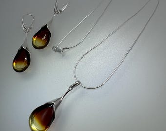 Sterling Silver Sunrise Baltic Amber Jewelry Set – Handmade Pendant & Earrings, Genuine Amber from Poland