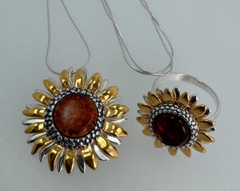 Sterling Silver and Gold Plated Baltic Amber Sunflower Pendant & Ring Set, Honey Amber Jewelry